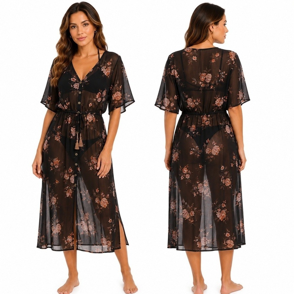 Jolt Sheer Swim Cover Up M Dress Womens Floral Maxi Dress Black Tassel Waist